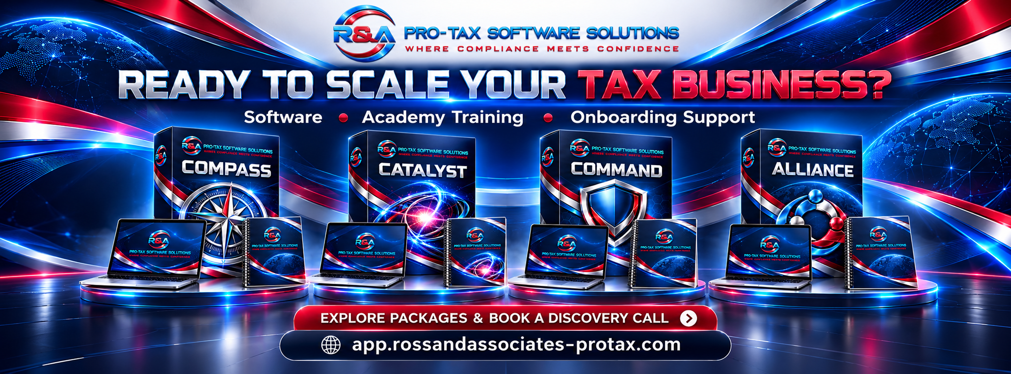 R&A Pro-Tax Software Solutions packages: Compass, Catalyst, Command and Alliance — software, Academy training and onboarding support